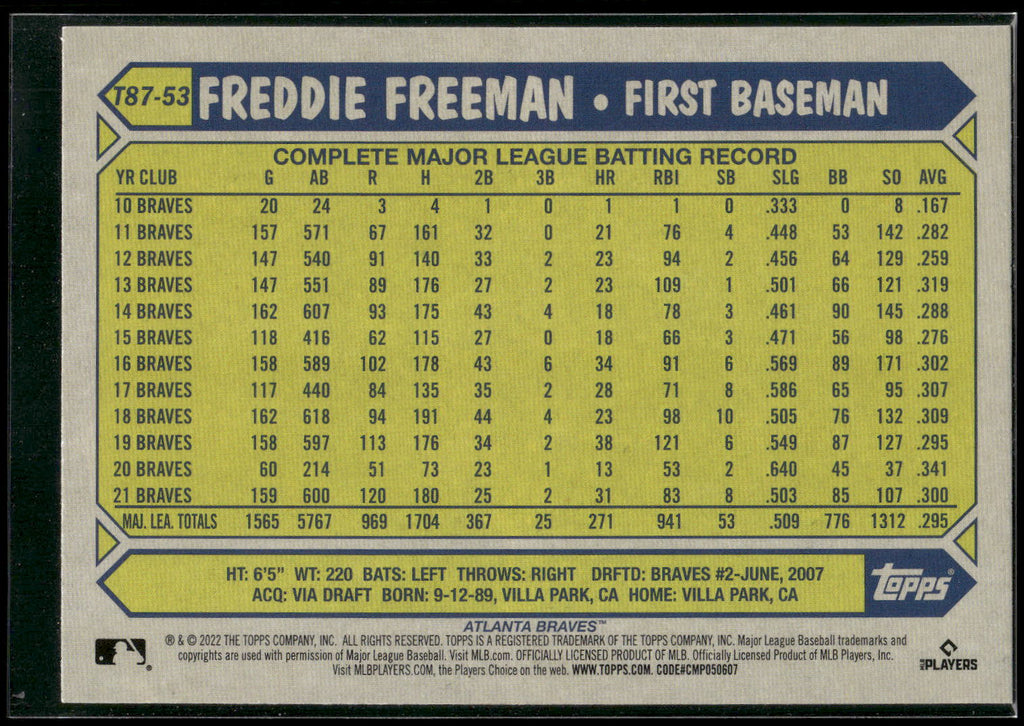 2022 Topps #T87-53 Freddie Freeman 1987 Topps Baseball 35th
