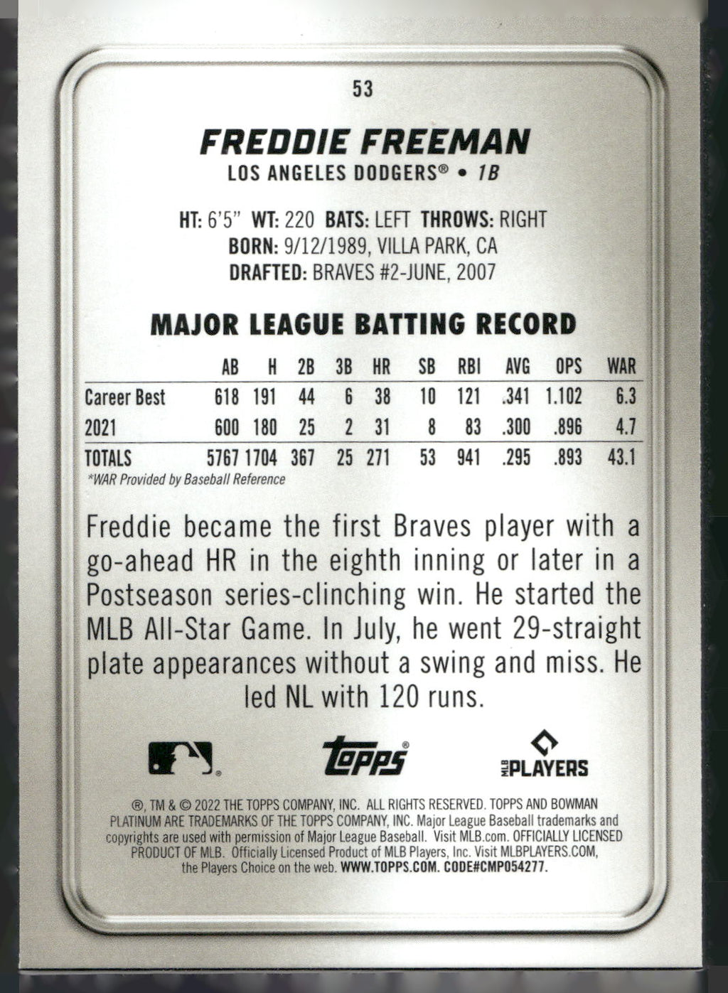 2022 Bowman Platinum #53 Freddie Freeman Ice Foilboard