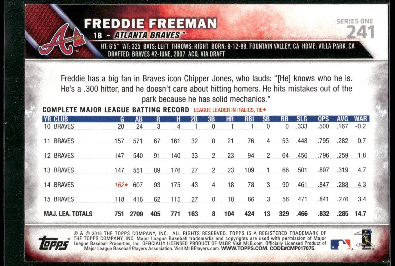 2016 Topps #241 Freddie Freeman