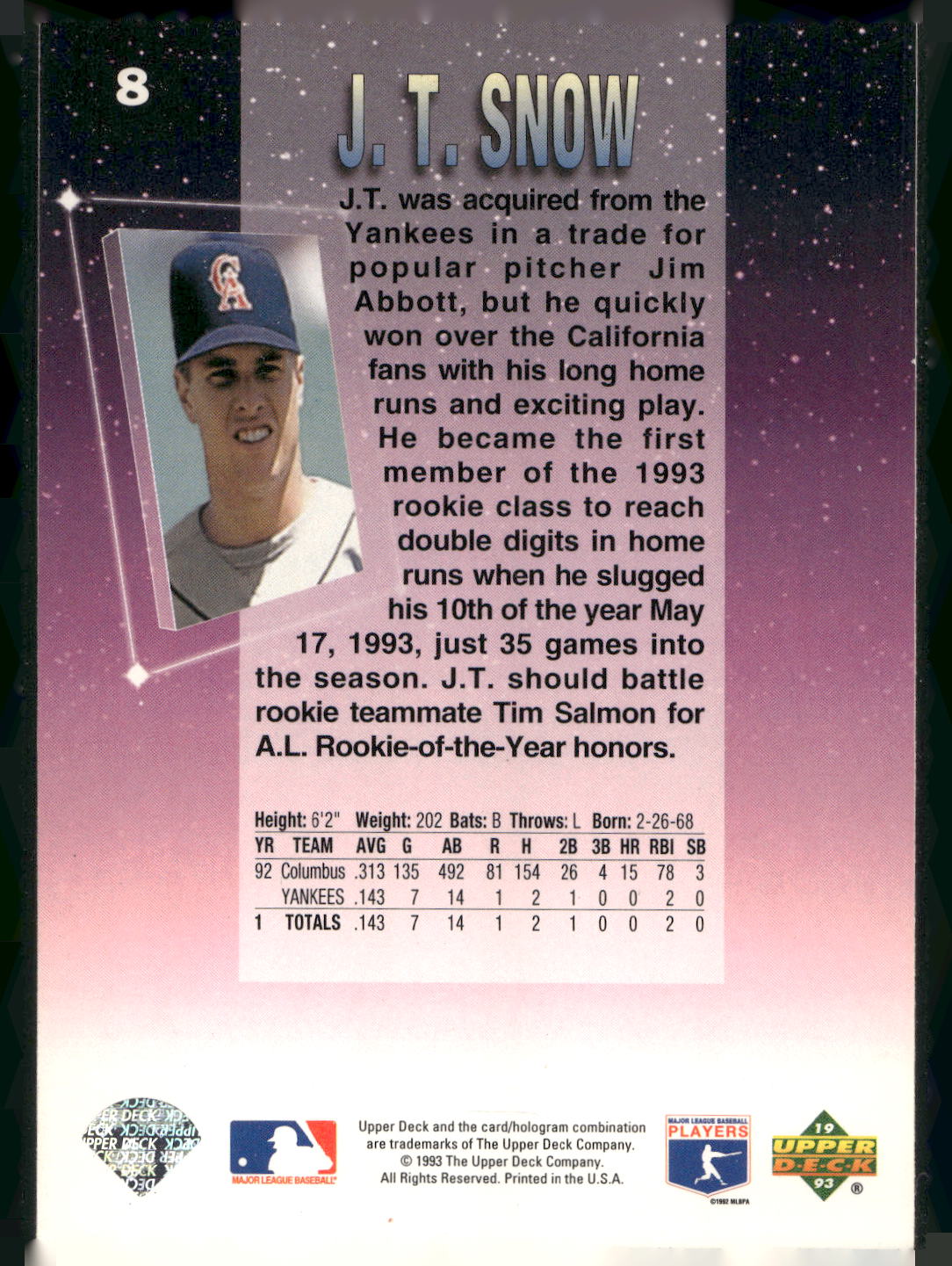1993 Upper Deck Fun Pack #8 J.T. Snow
