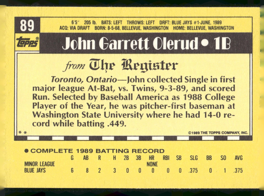 1990 Topps Major League Debut 1989 #89 John Olerud
