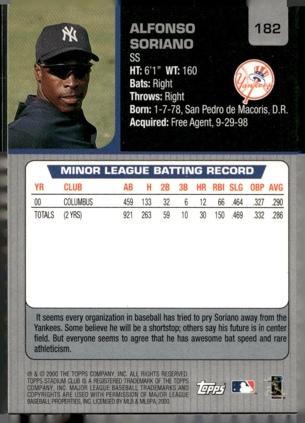 2001 Stadium Club #182 Alfonso Soriano