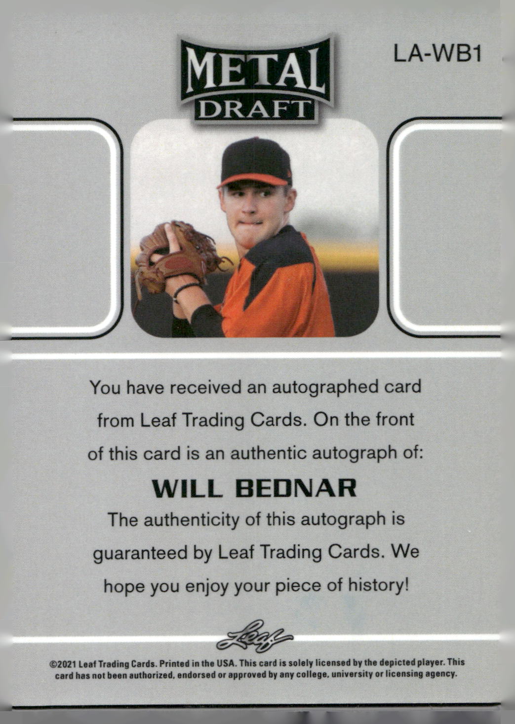 2021 Leaf Metal Draft #LA-WB1 Will Bednar 1990 Leaf Autographs