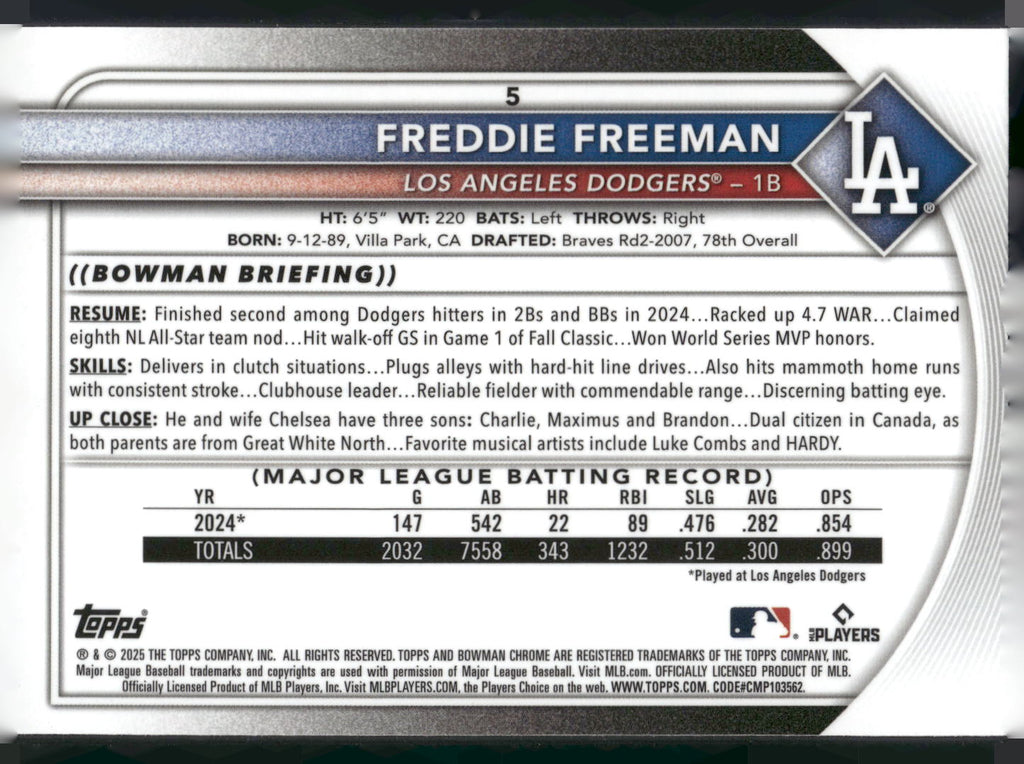 2025 Bowman #5 Freddie Freeman Chrome Mojo Refractor