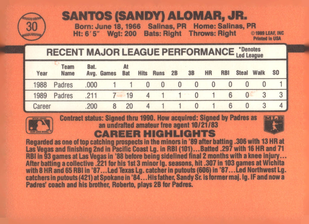 1990 Donruss #30 Sandy Alomar, Jr.