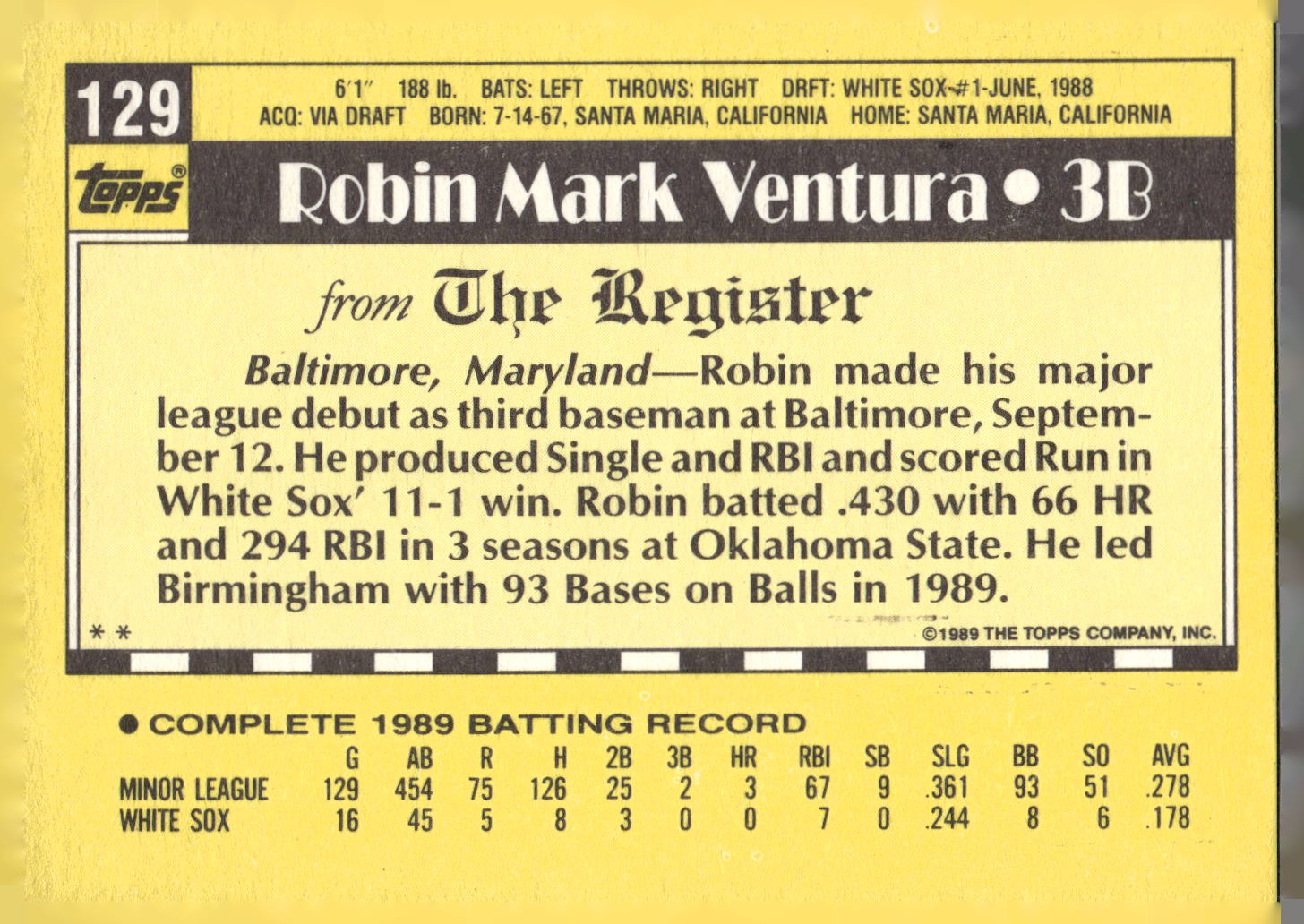 1990 Topps Major League Debut 1989 #129 Robin Ventura
