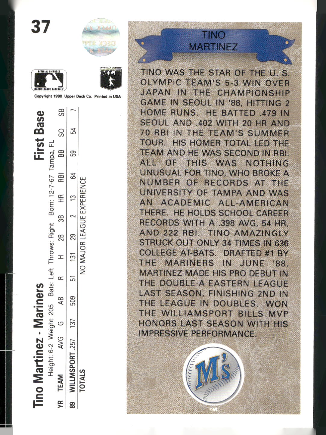 1990 Upper Deck #37 Tino Martinez