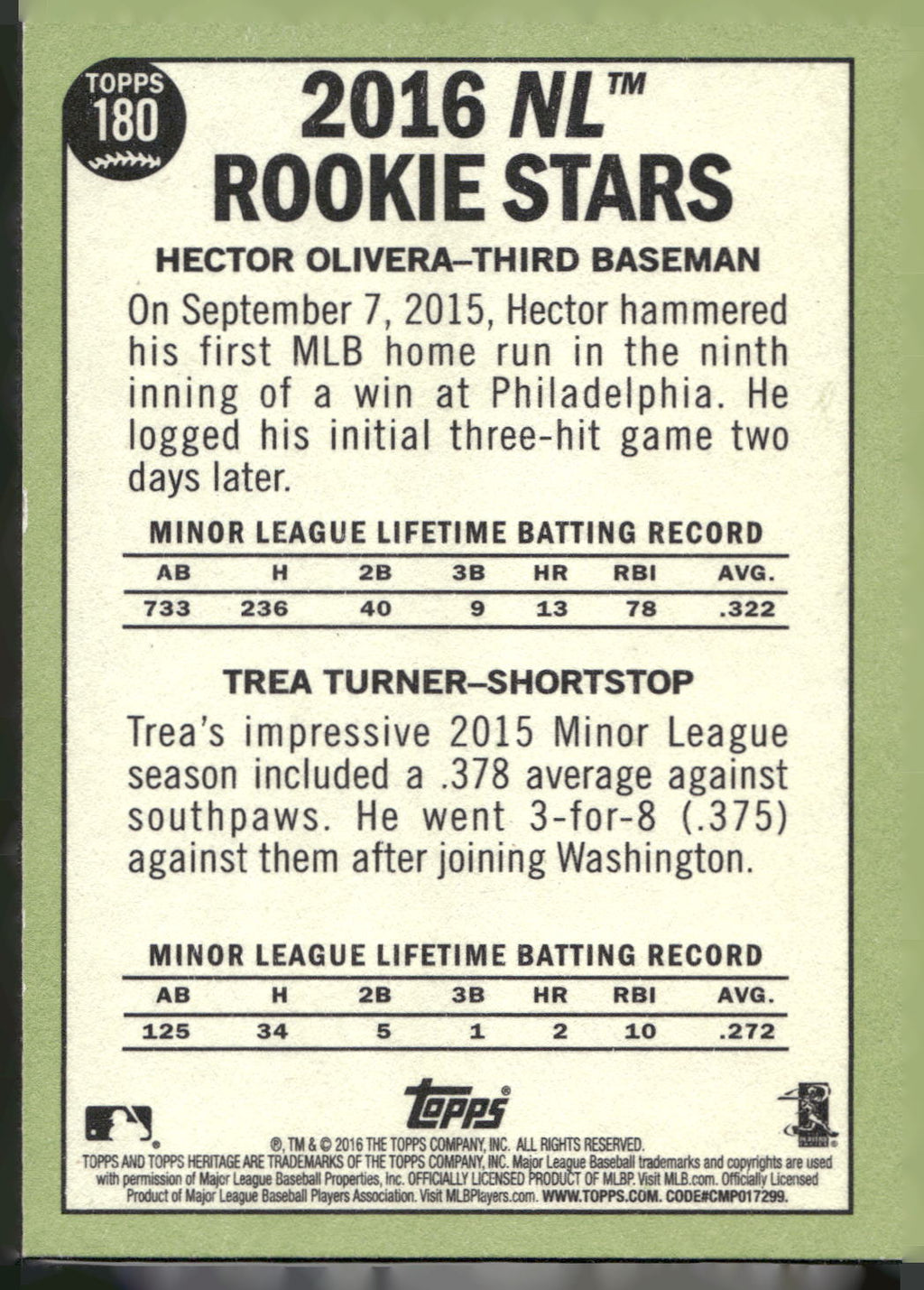 2016 Topps Heritage #180 NL Rookie Stars (Hector Olivera / Trea Turner)