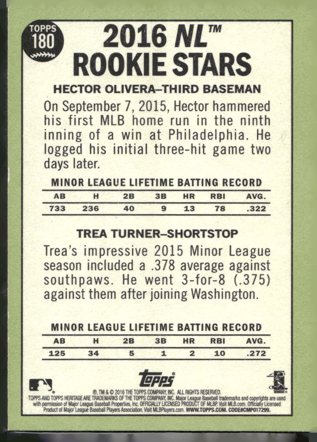 2016 Topps Heritage #180 NL Rookie Stars (Hector Olivera / Trea Turner)