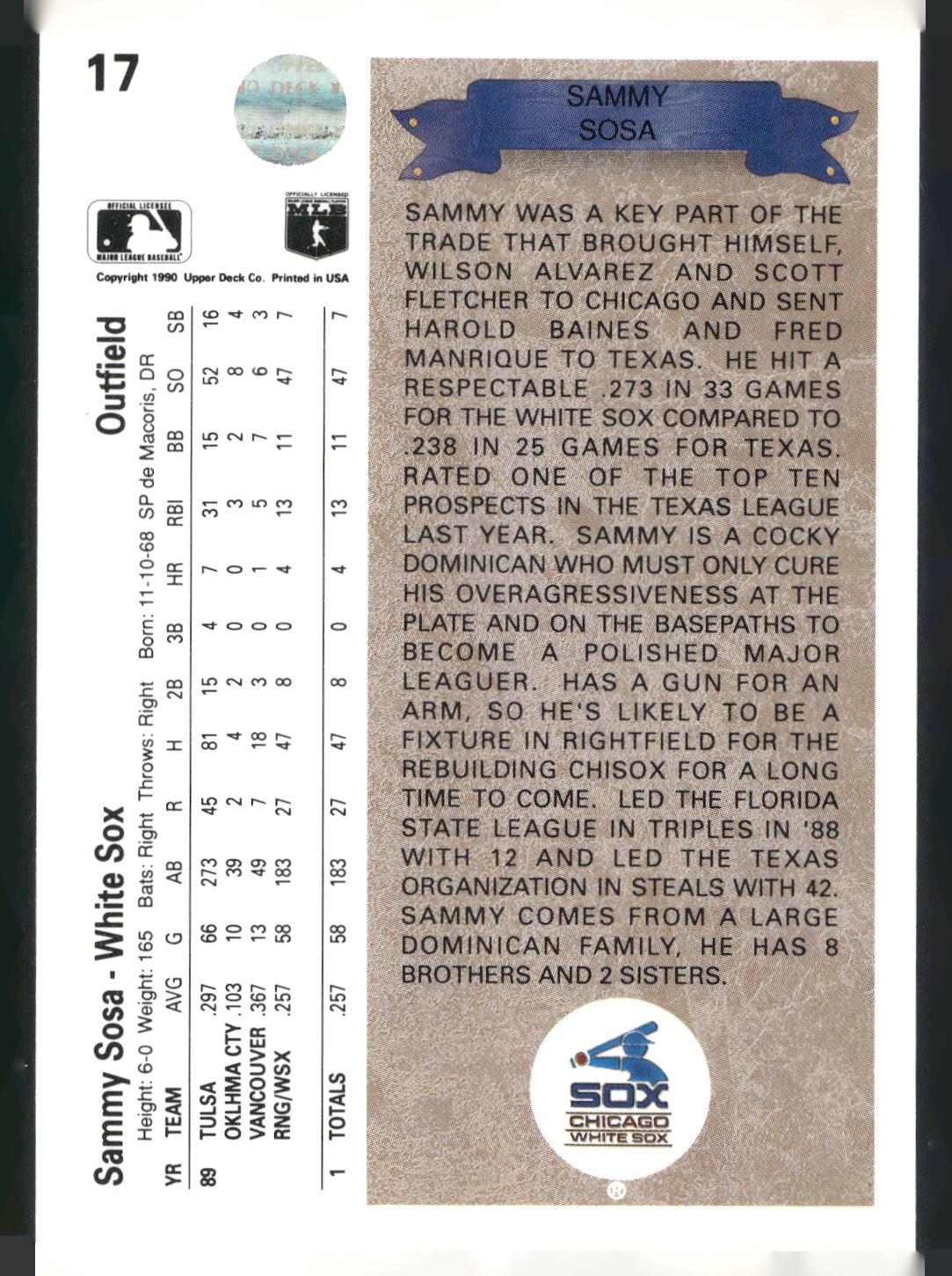 1990 Upper Deck #17 Sammy Sosa