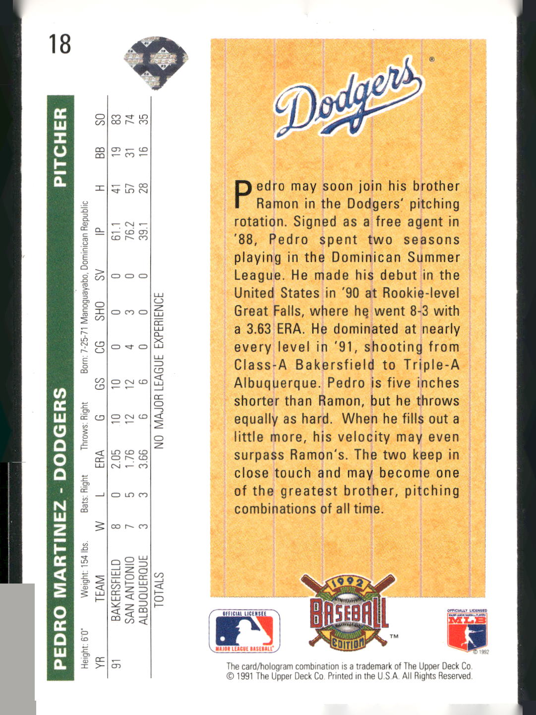1992 Upper Deck #18 Pedro Martinez