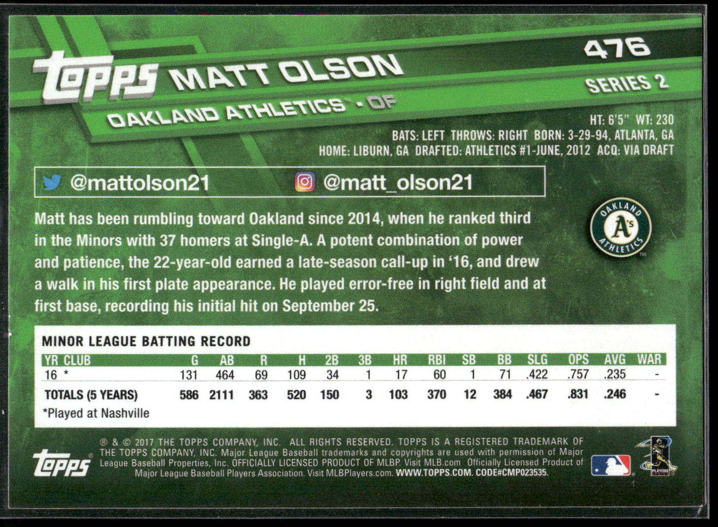 2017 Topps #476 Matt Olson