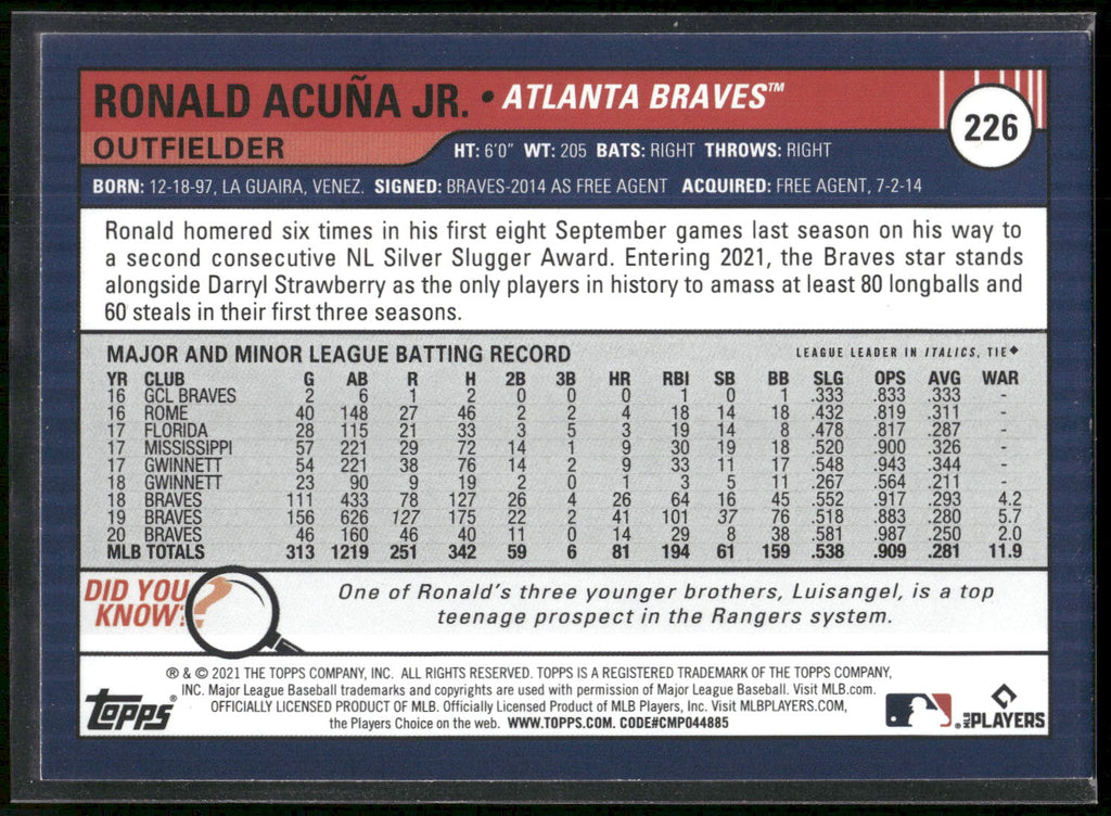 2021 Topps Big League #226 Ronald Acuña Jr. Electric Blue