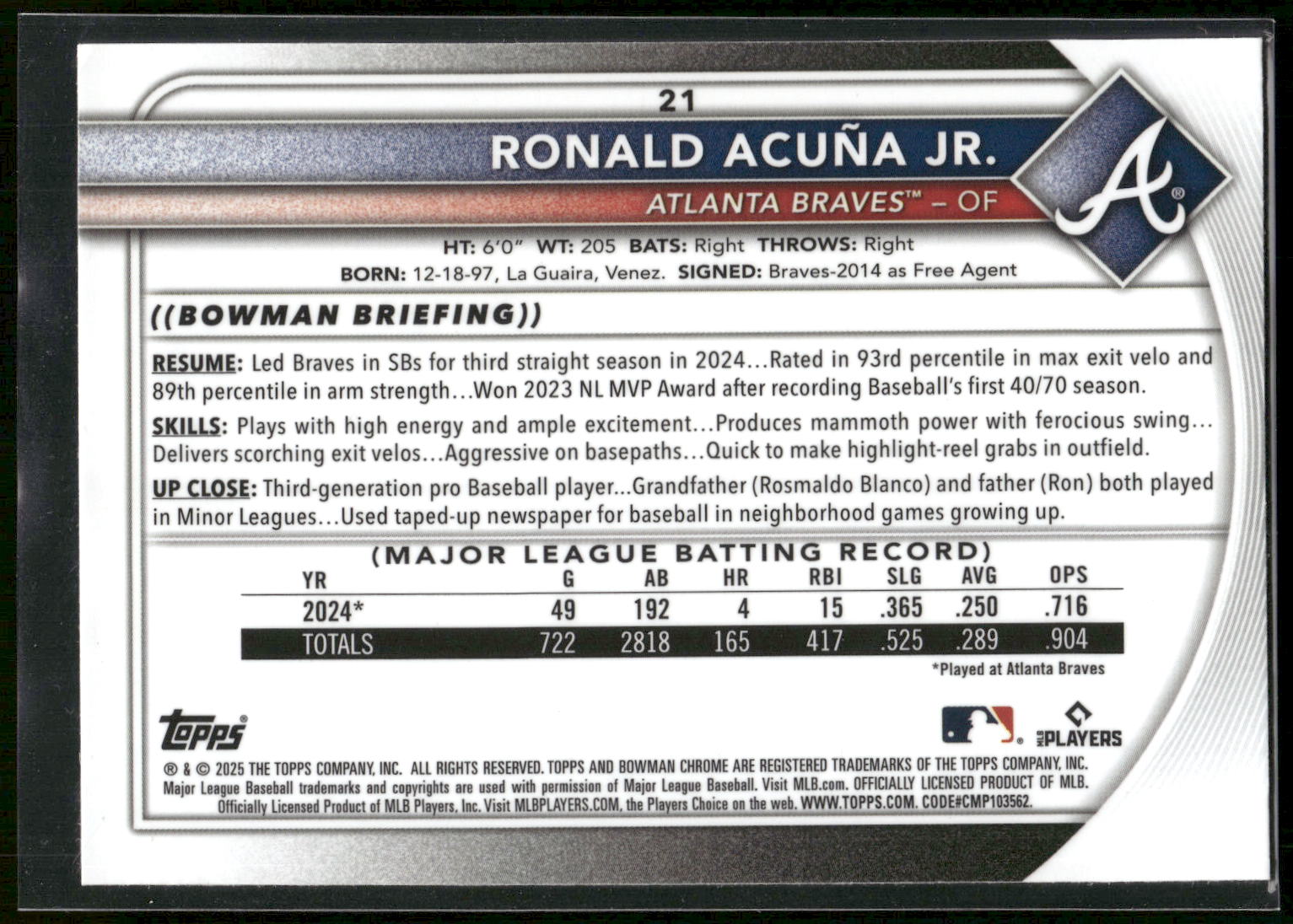 2025 Bowman #21 Ronald Acuña Jr. Chrome Base Set Mega Refractor