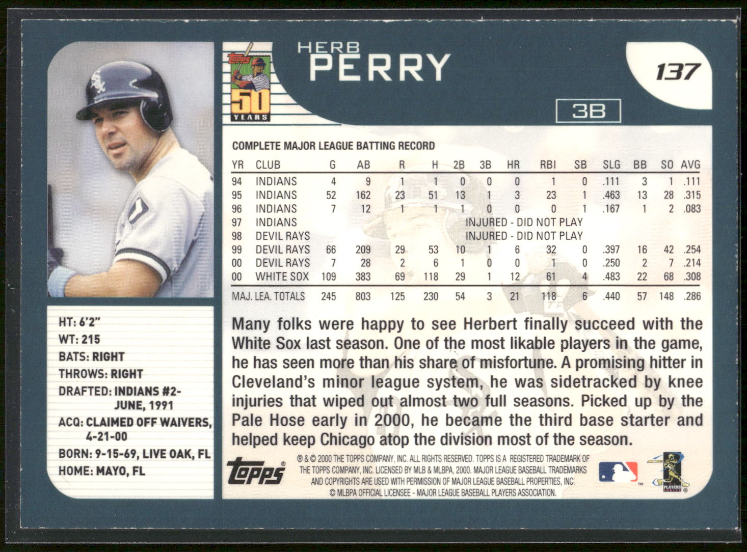 2001 Topps #137 Herb Perry - On Card Autograph
