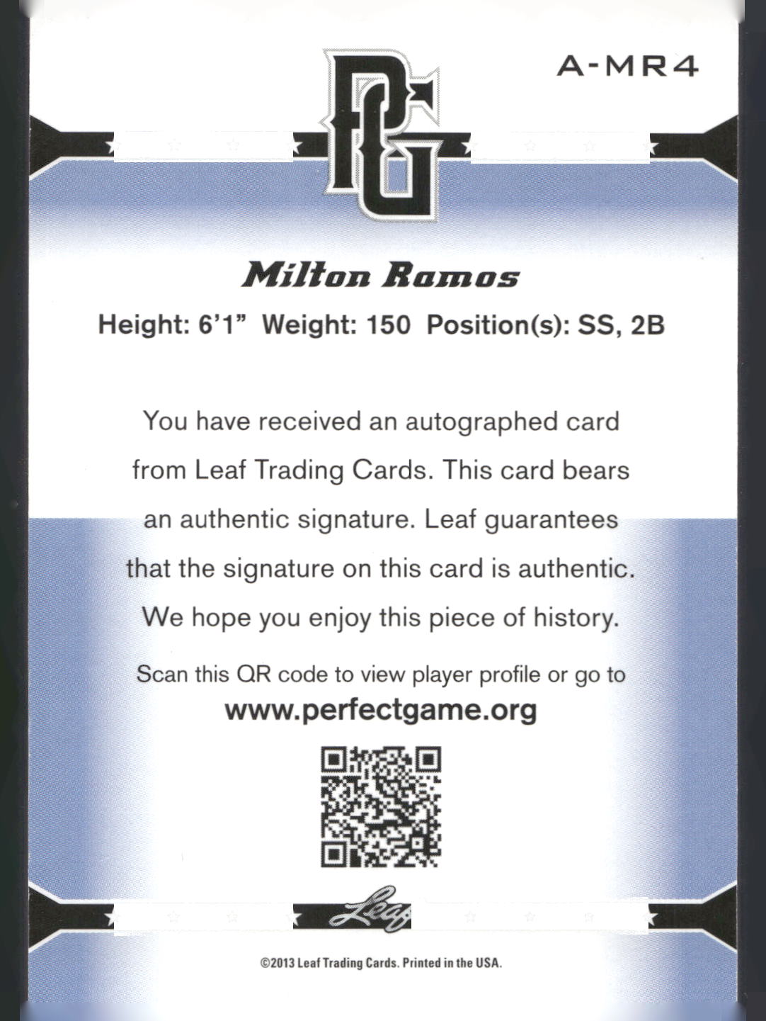 2013 Leaf Perfect Game #A-MR4 Milton Ramos Autographs