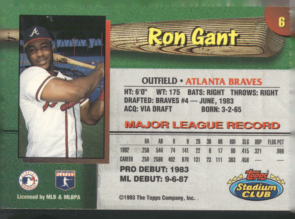 1993 Stadium Club Atlanta Braves #6 Ron Gant on card Autograph