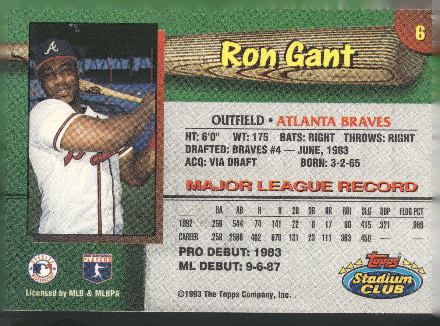 1993 Stadium Club Atlanta Braves #6 Ron Gant on card Autograph
