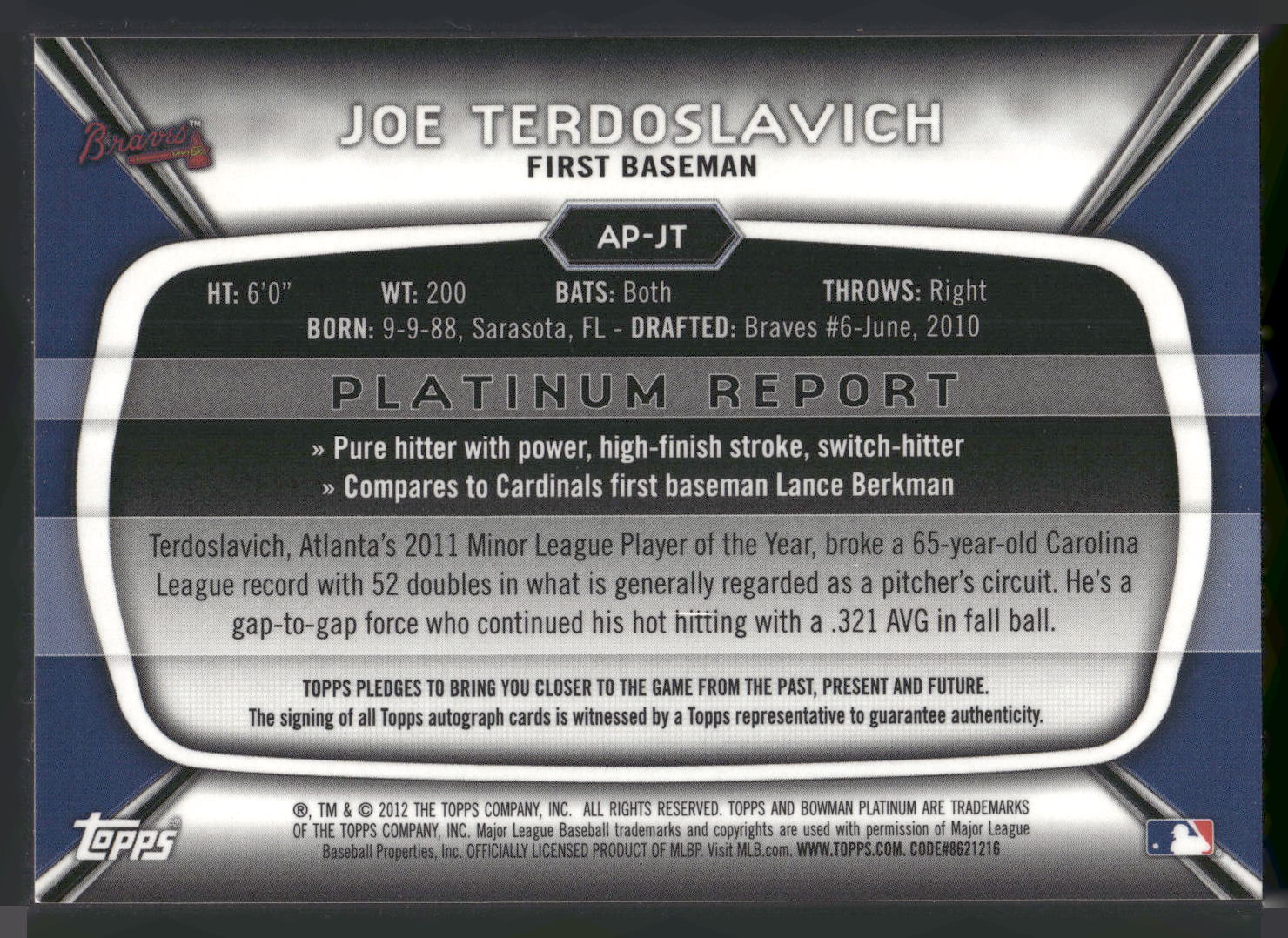 2012 Bowman Platinum #AP-JT Joe Terdoslavich Autographs Refractors #/399