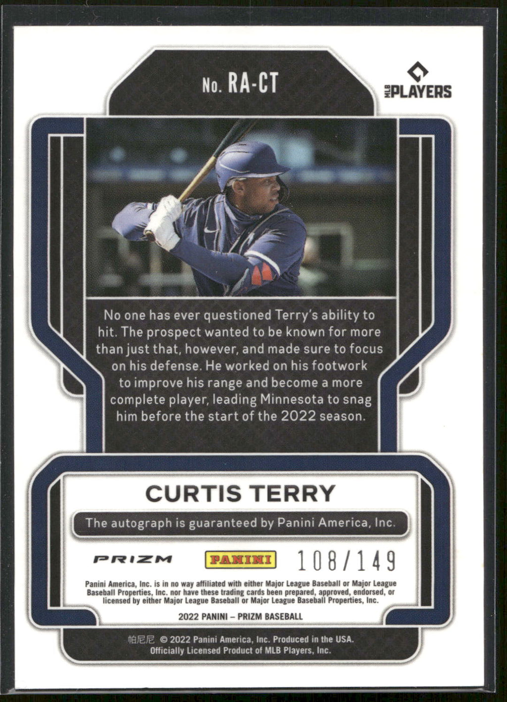 2022 Panini Prizm #RA-CT Curtis Terry Rookie Autographs Blue Prizm #/149