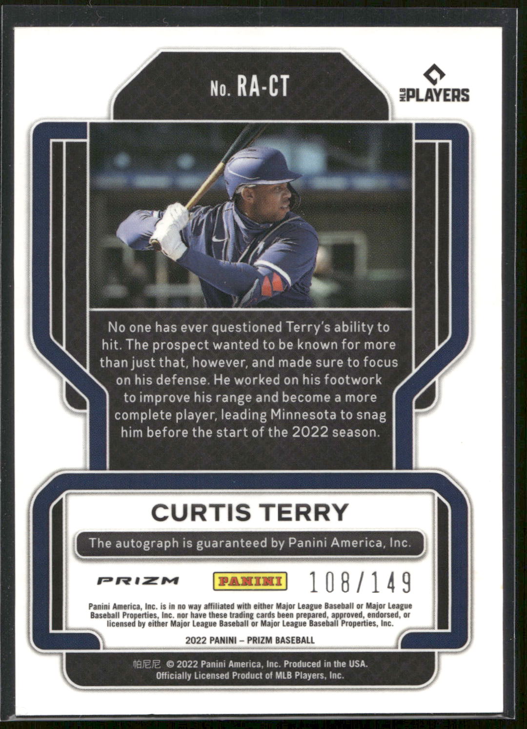 2022 Panini Prizm #RA-CT Curtis Terry Rookie Autographs Blue Prizm #/149