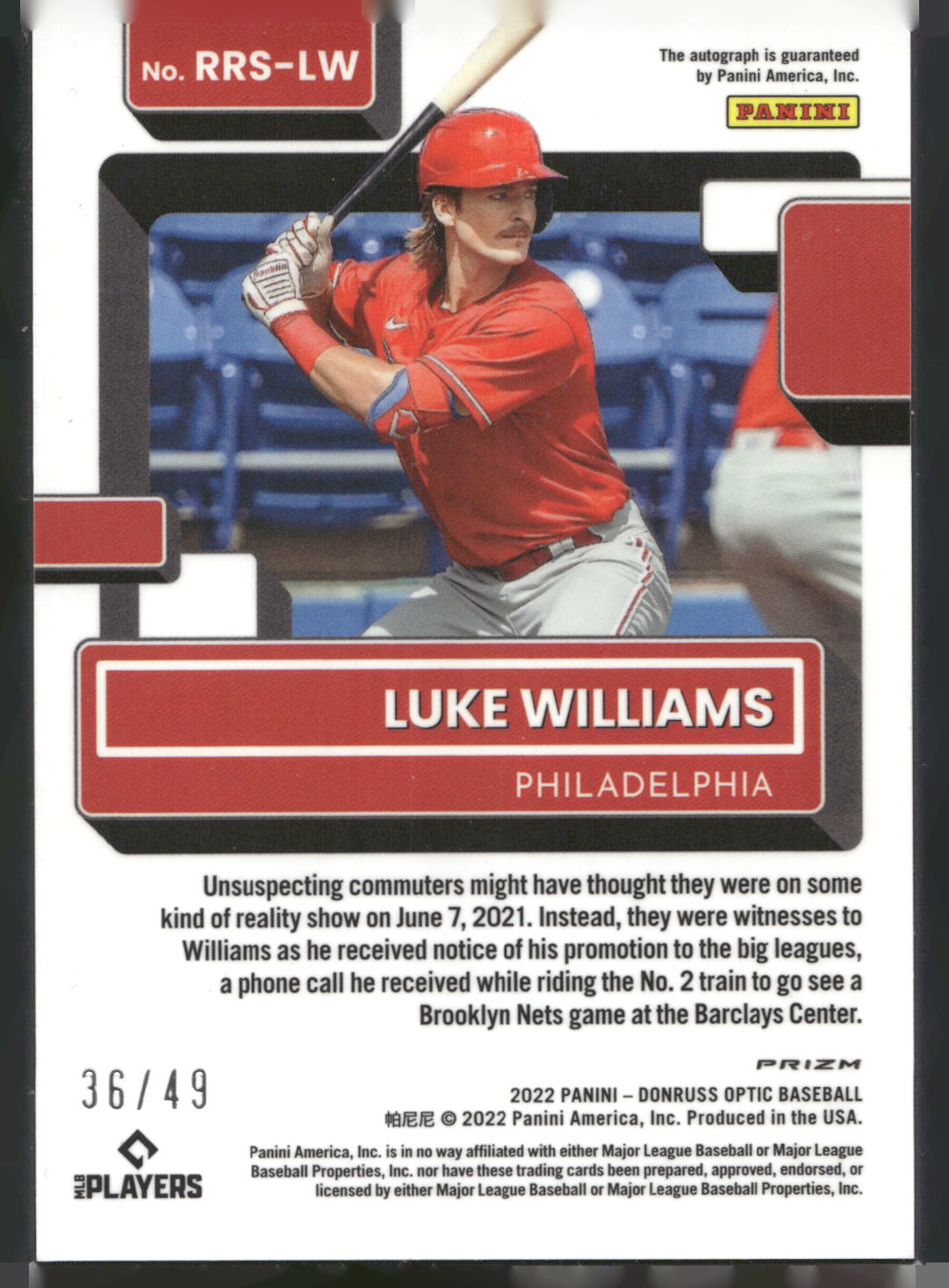 2022 Donruss Optic #RRS-LW Luke Williams Rated Rookie Signatures Blue Prizm #/49