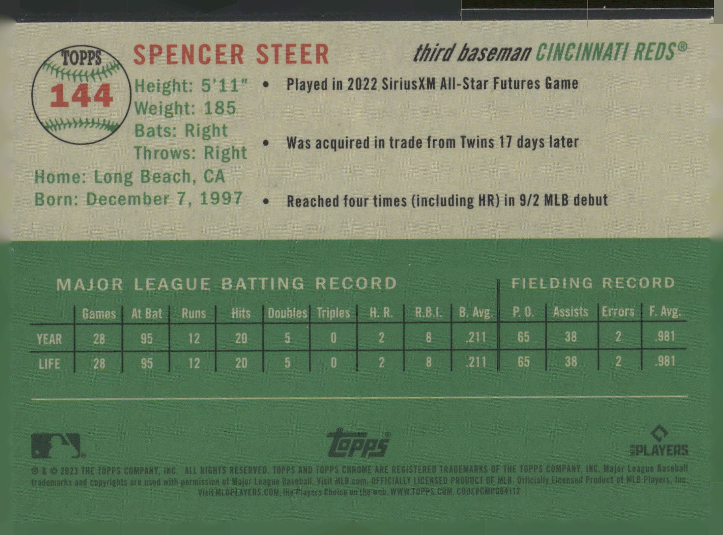 2023 Topps Chrome Platinum Anniversary #144 Spencer Steer
