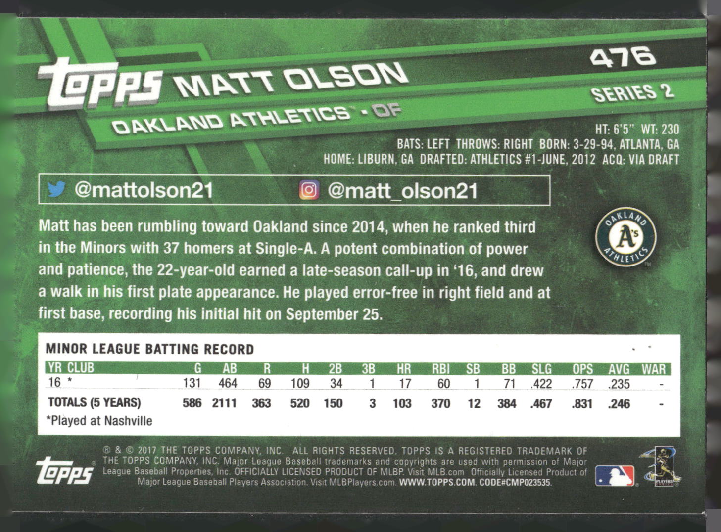 2017 Topps #476 Matt Olson