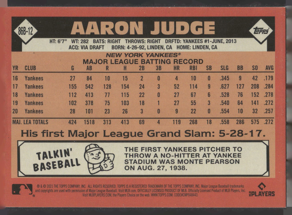 2021 Topps Update #86B-12 Aaron Judge 1986 Topps Baseball 35th Anniversary