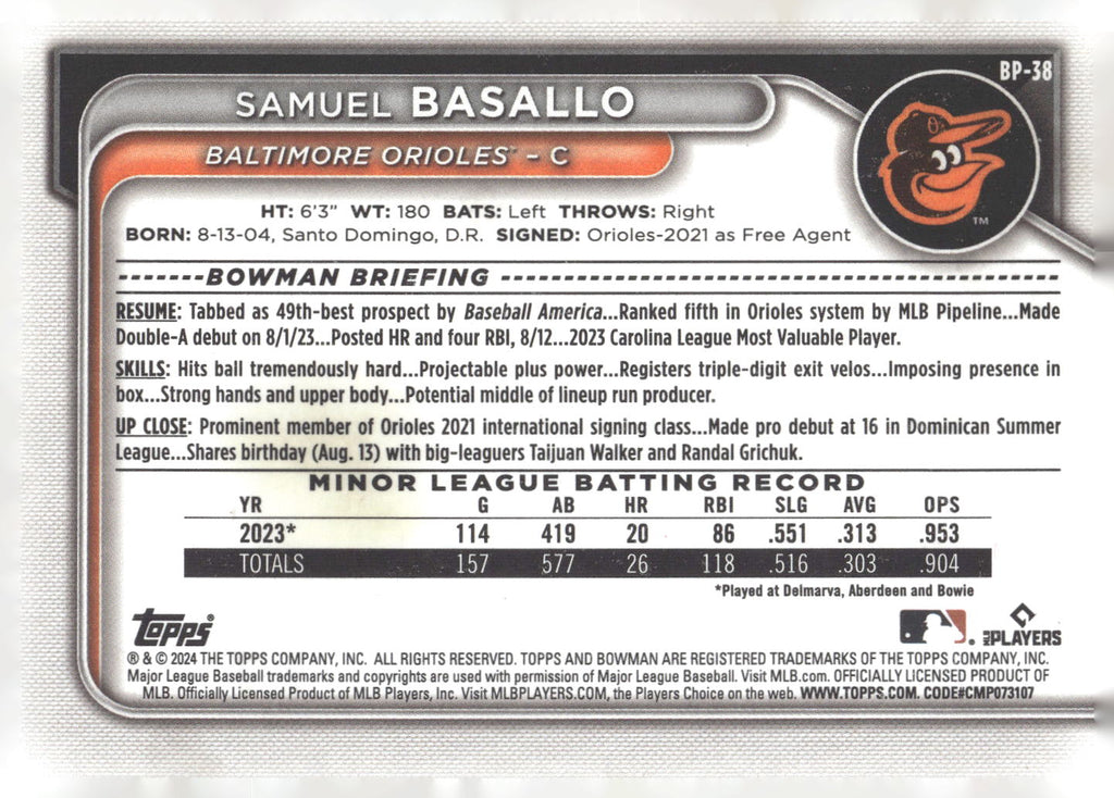 2024 Bowman #BP-38 Samuel Basallo Prospects
