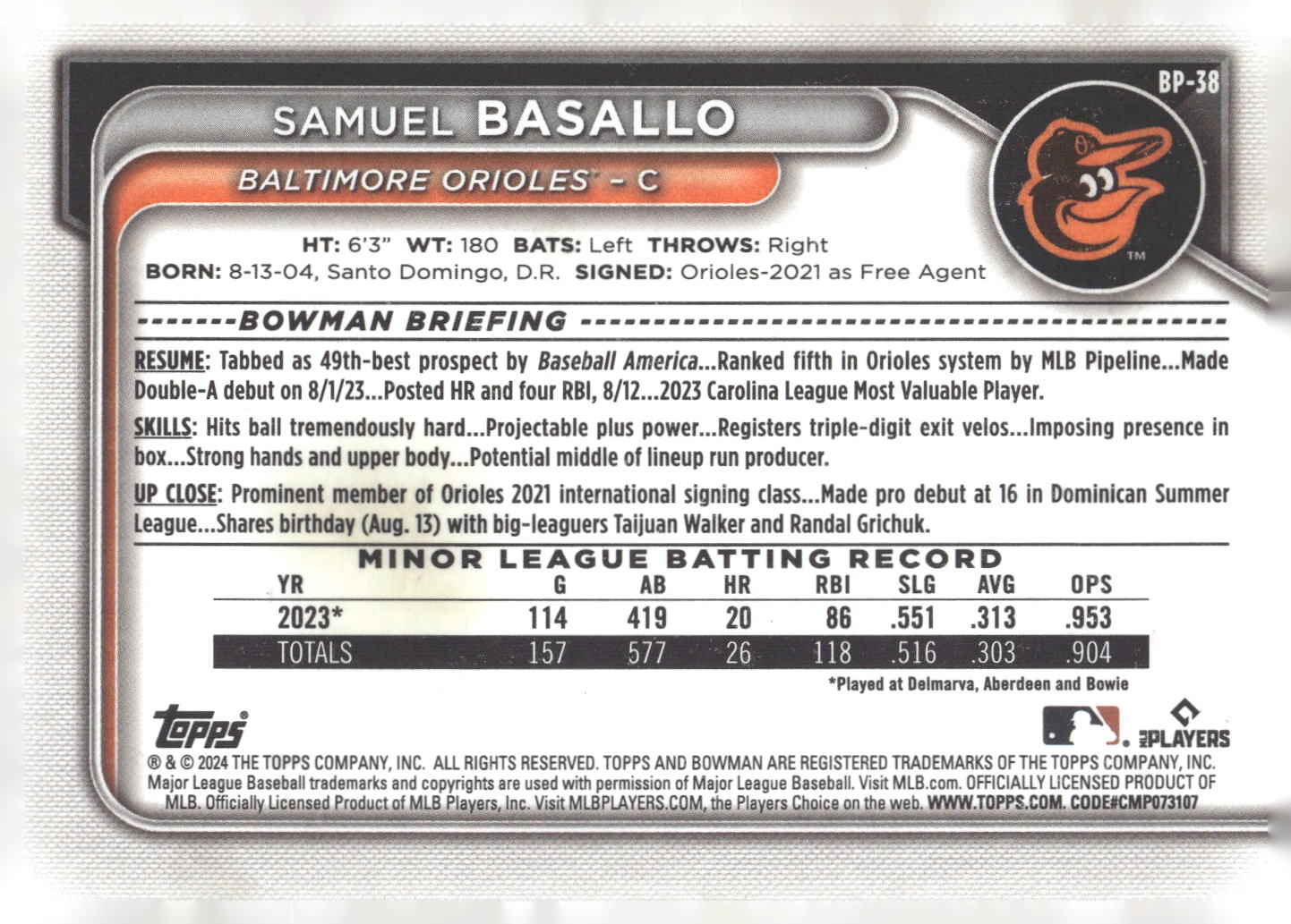 2024 Bowman #BP-38 Samuel Basallo Prospects