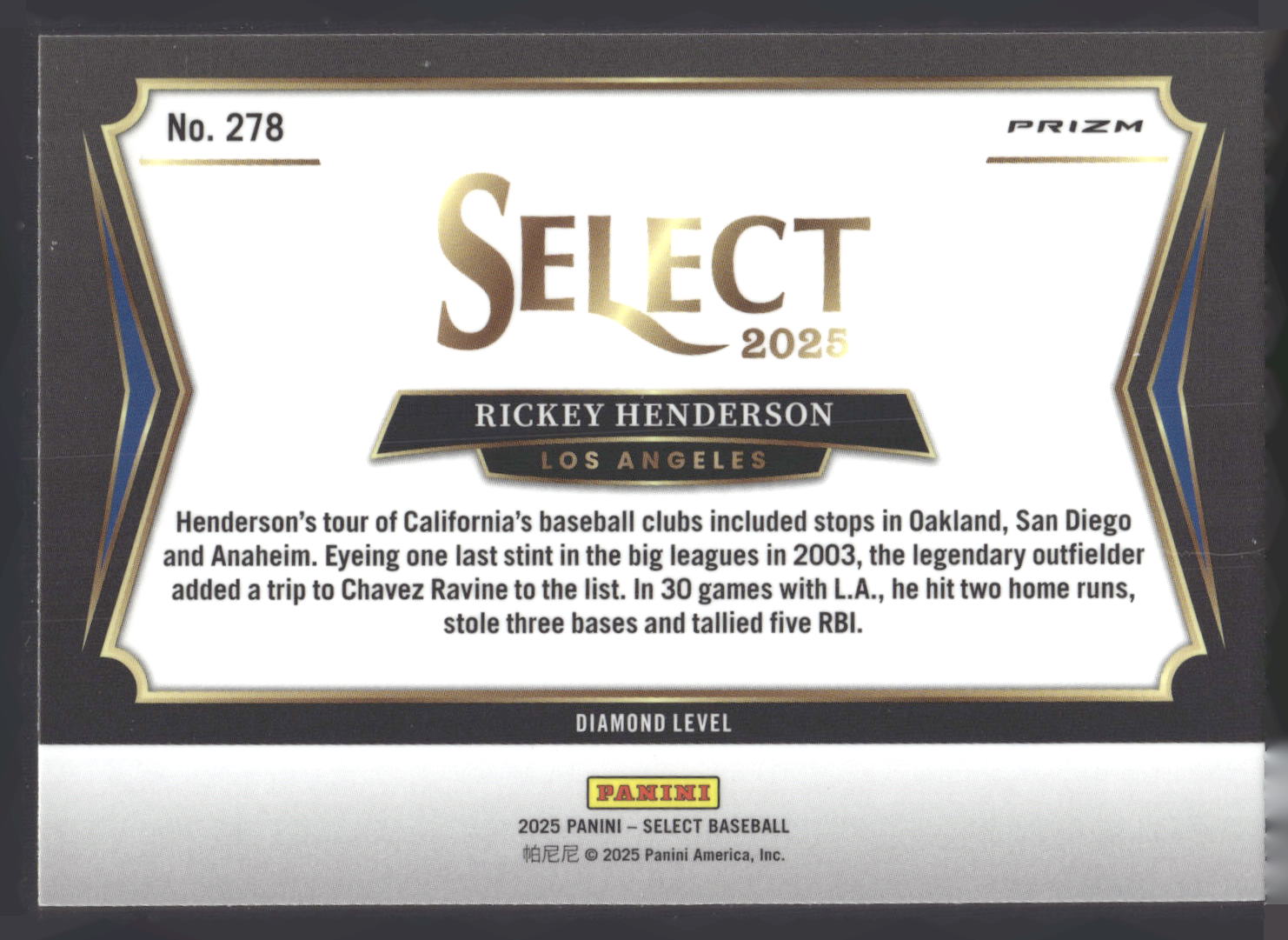 2025 Panini Select #278 Rickey Henderson Silver Prizms