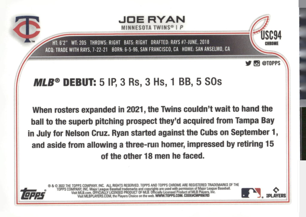 2022 Topps Chrome Update #USC94 Joe Ryan Purple Refractor