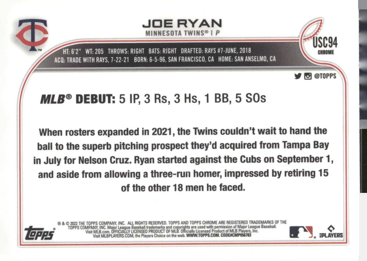 2022 Topps Chrome Update #USC94 Joe Ryan Purple Refractor