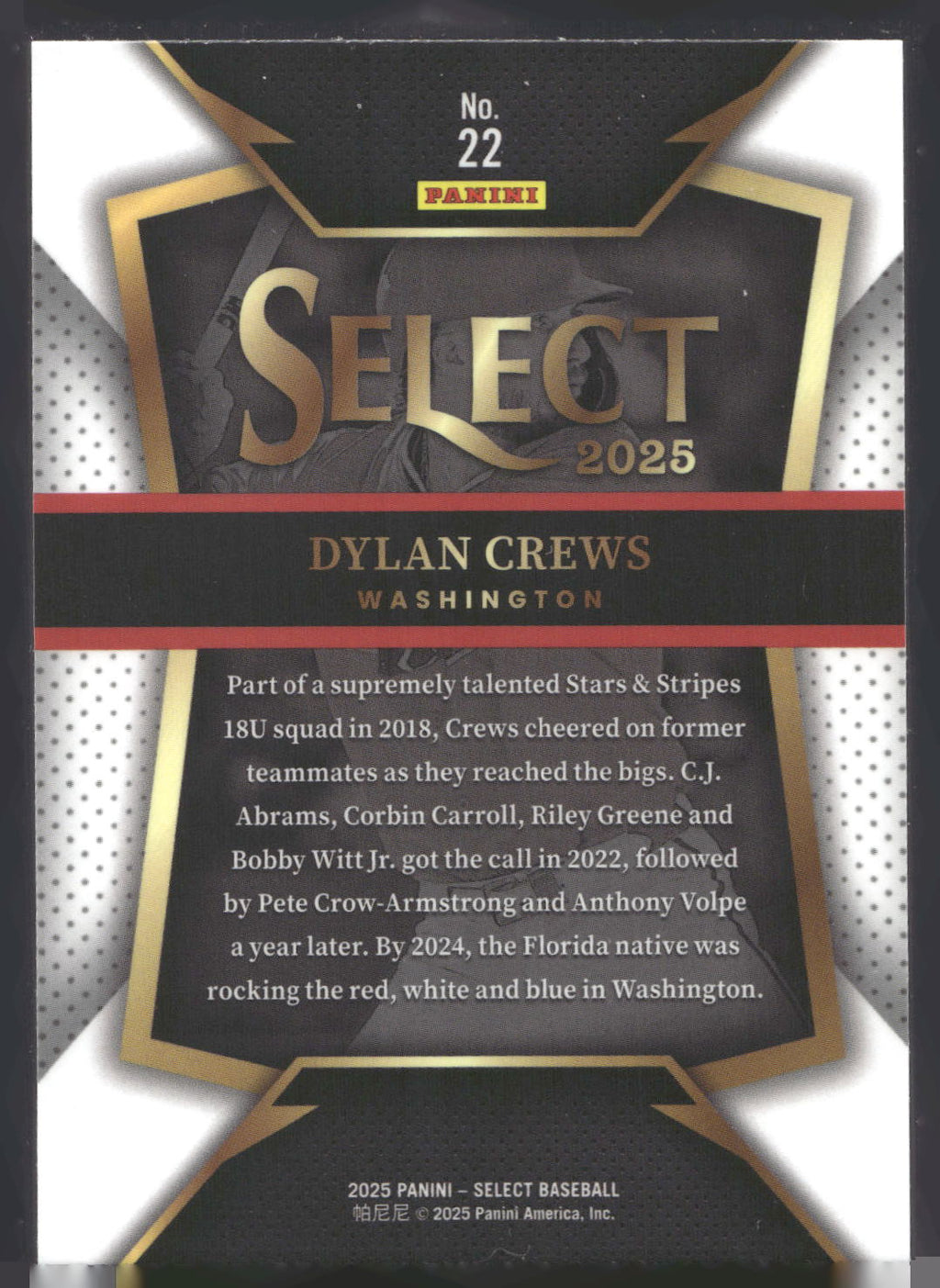 2025 Panini Select #22 Dylan Crews Select Throwback