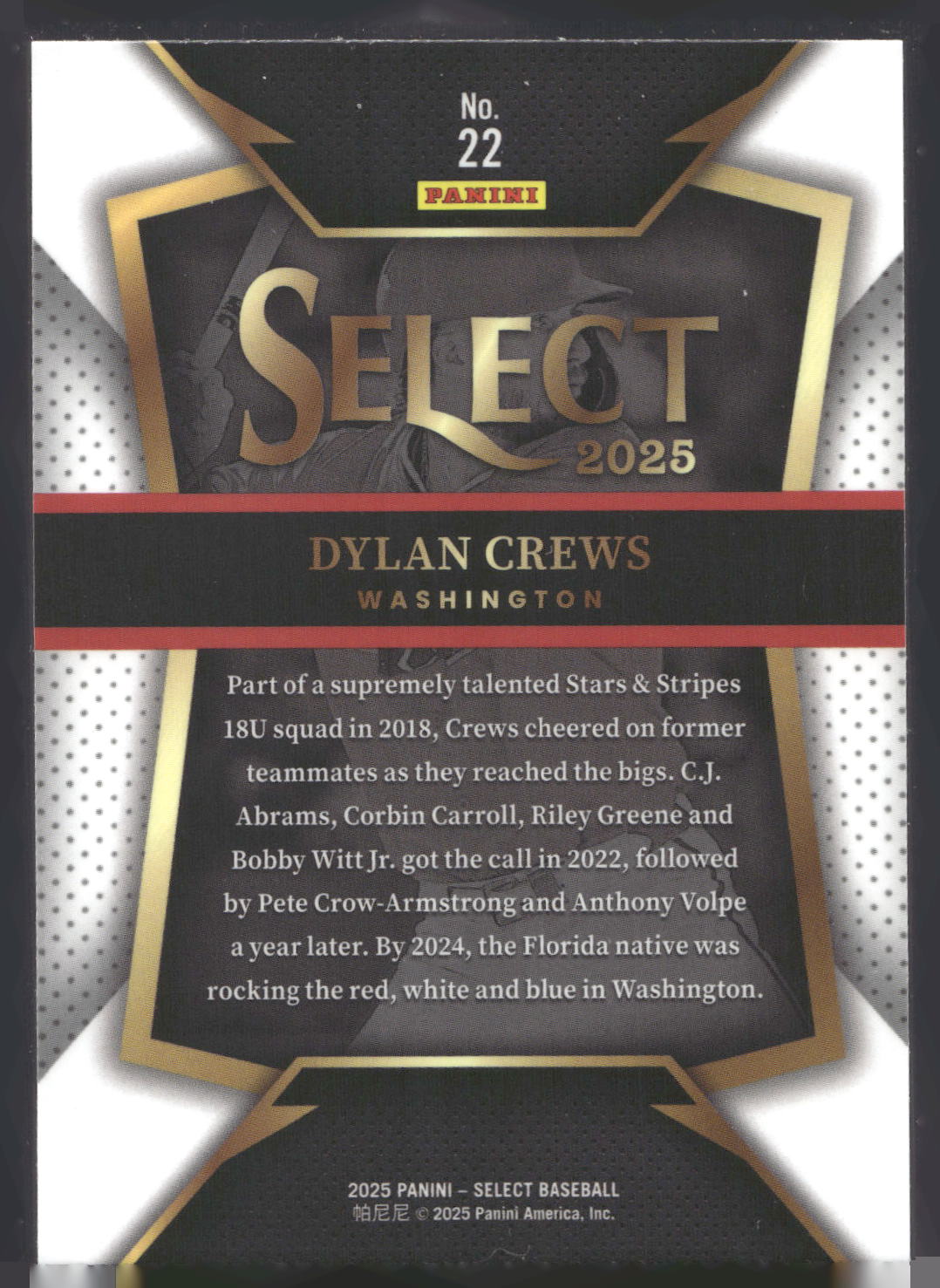 2025 Panini Select #22 Dylan Crews Select Throwback