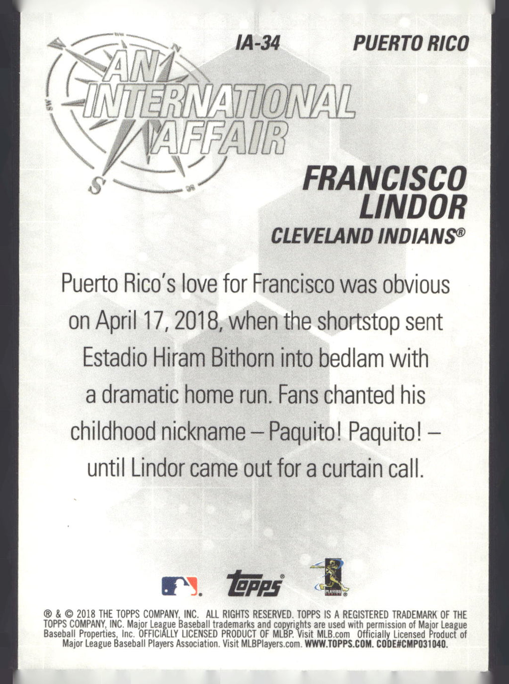 2018 Topps Update #IA-34 Francisco Lindor An International Affair