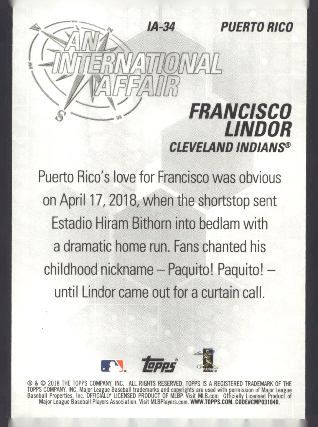 2018 Topps Update #IA-34 Francisco Lindor An International Affair