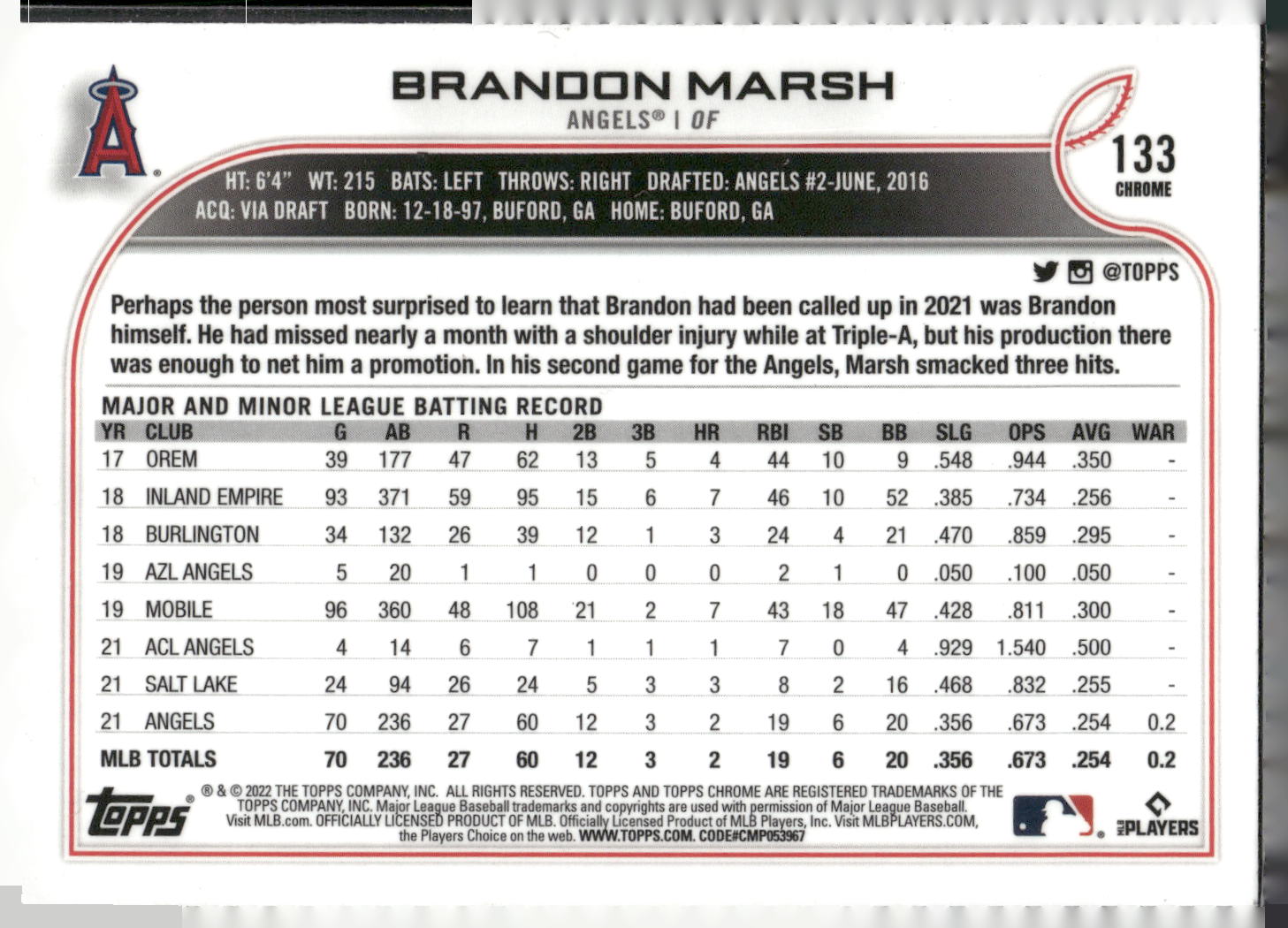 2022 Topps Chrome #133 Brandon Marsh Sepia Refractor