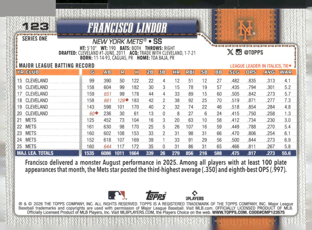 2026 Topps #123 Francisco Lindor