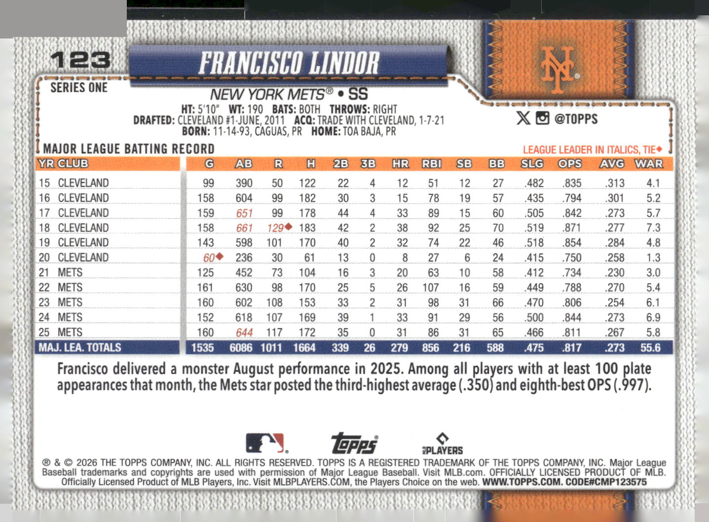 2026 Topps #123 Francisco Lindor