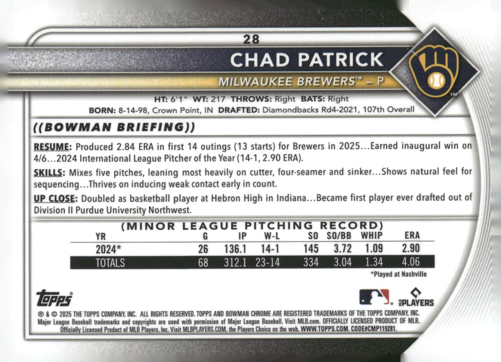 2025 Bowman Chrome #28 Chad Patrick