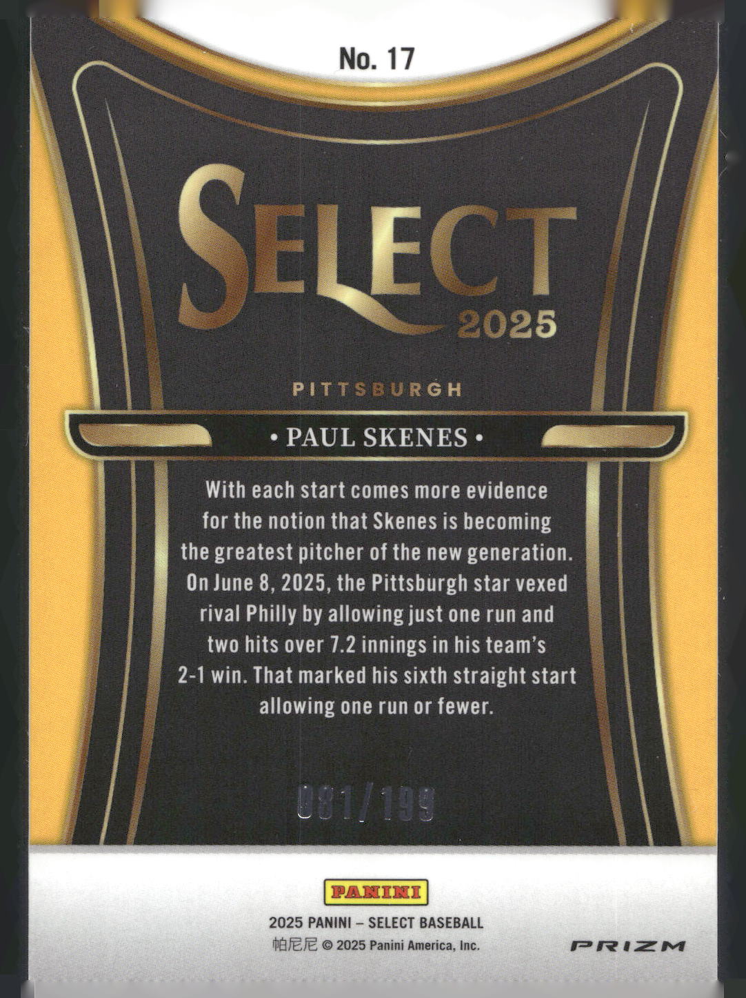 2025 Panini Select #17 Paul Skenes Phenomenon Silver Wave Prizm #/199