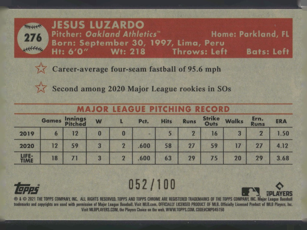 2021 Topps Chrome Platinum #276 Jesus Luzardo Atomic Refractor #/100