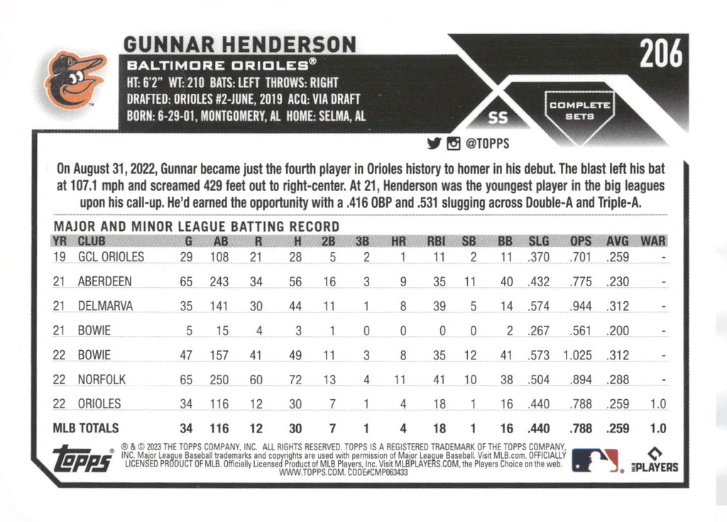 2023 Topps #206 Gunnar Henderson Rookie Variations