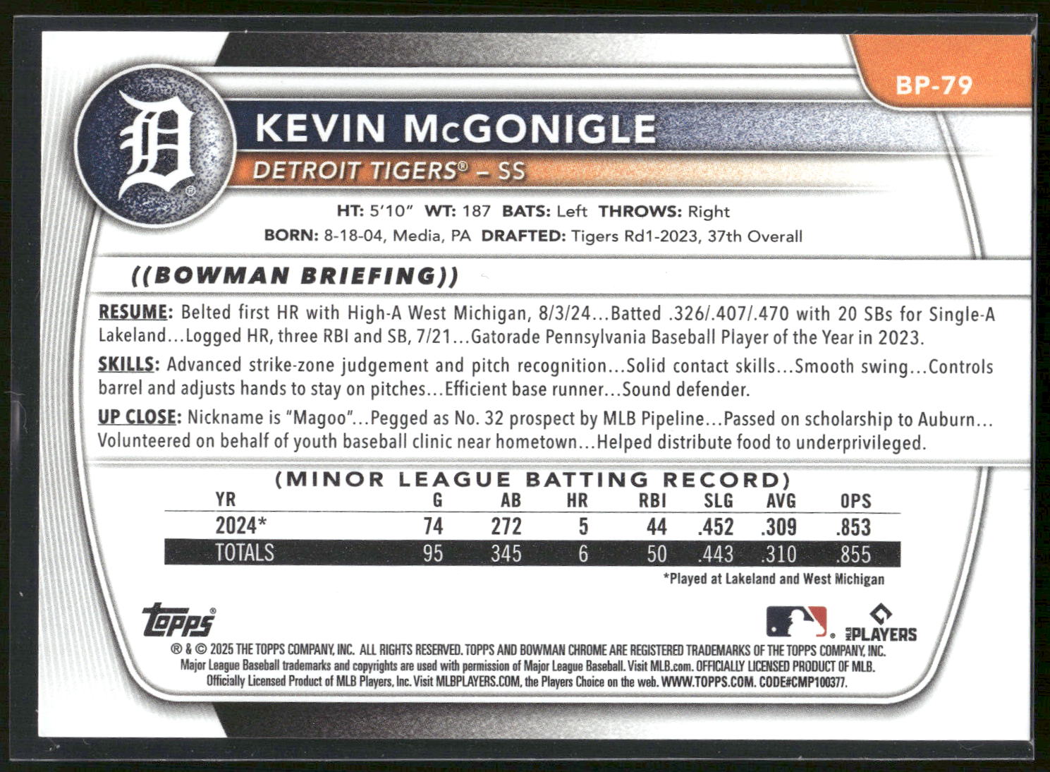 2025 Bowman #BP-79 Kevin McGonigle Prospects