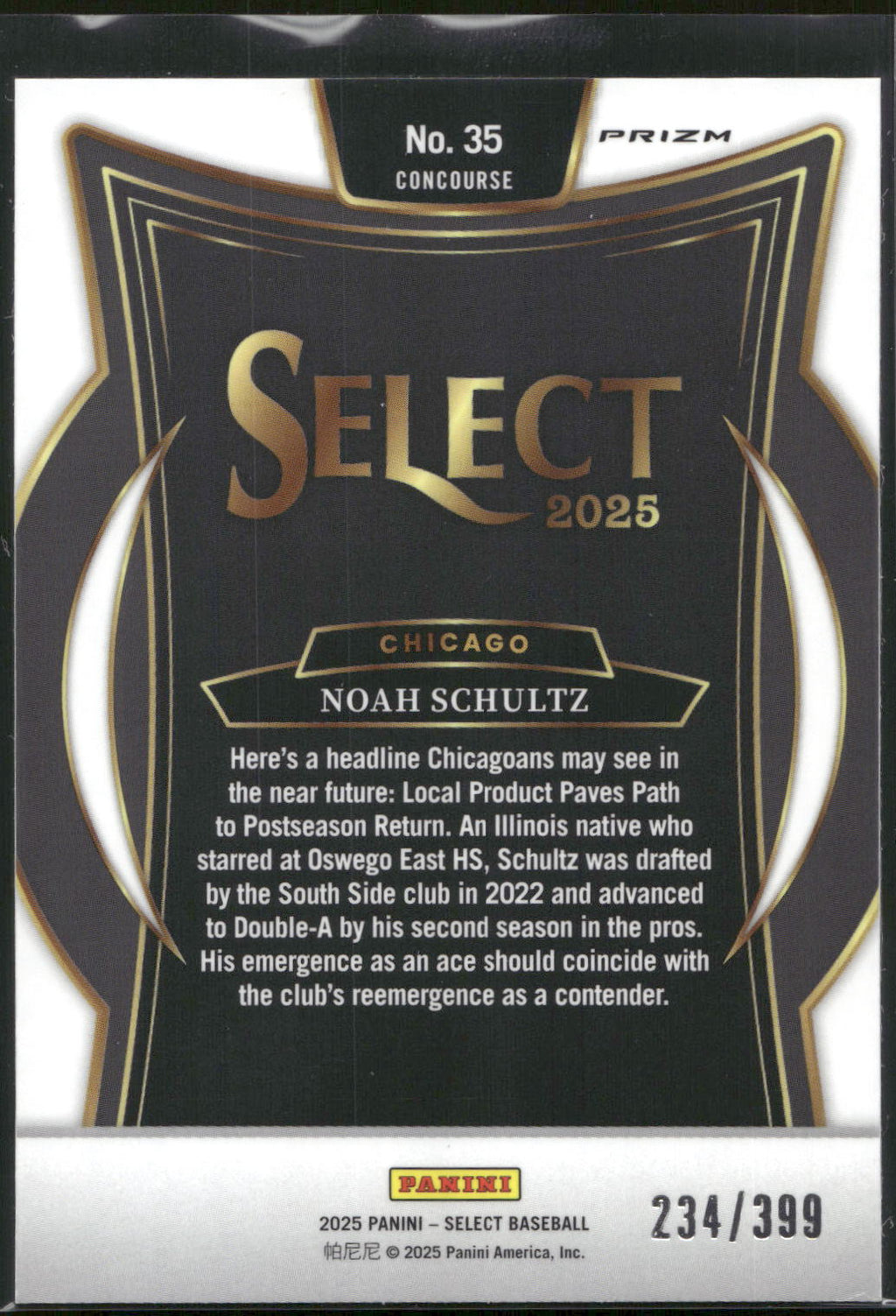 2025 Panini Select #35 Noah Schultz Red and Blue Prizms #/399