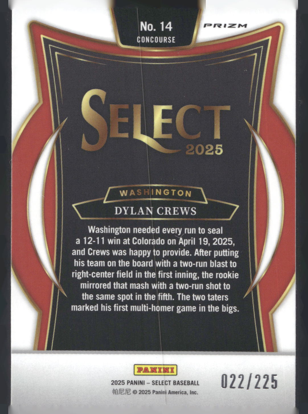 2025 Panini Select #14 Dylan Crews Pink and Purple Prizms #/225