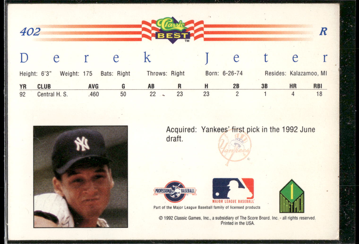 1992 Classic Best #402 Derek Jeter