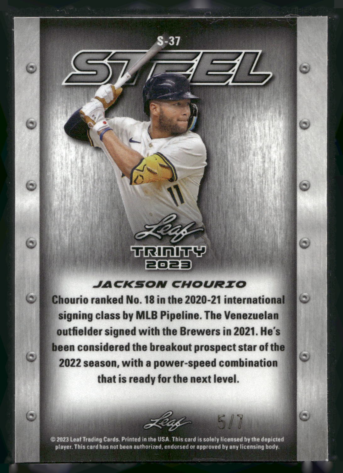 2023 Leaf Trinity #S-37 Jackson Chourio Steel Vanadium Checkerboard Pink #/7